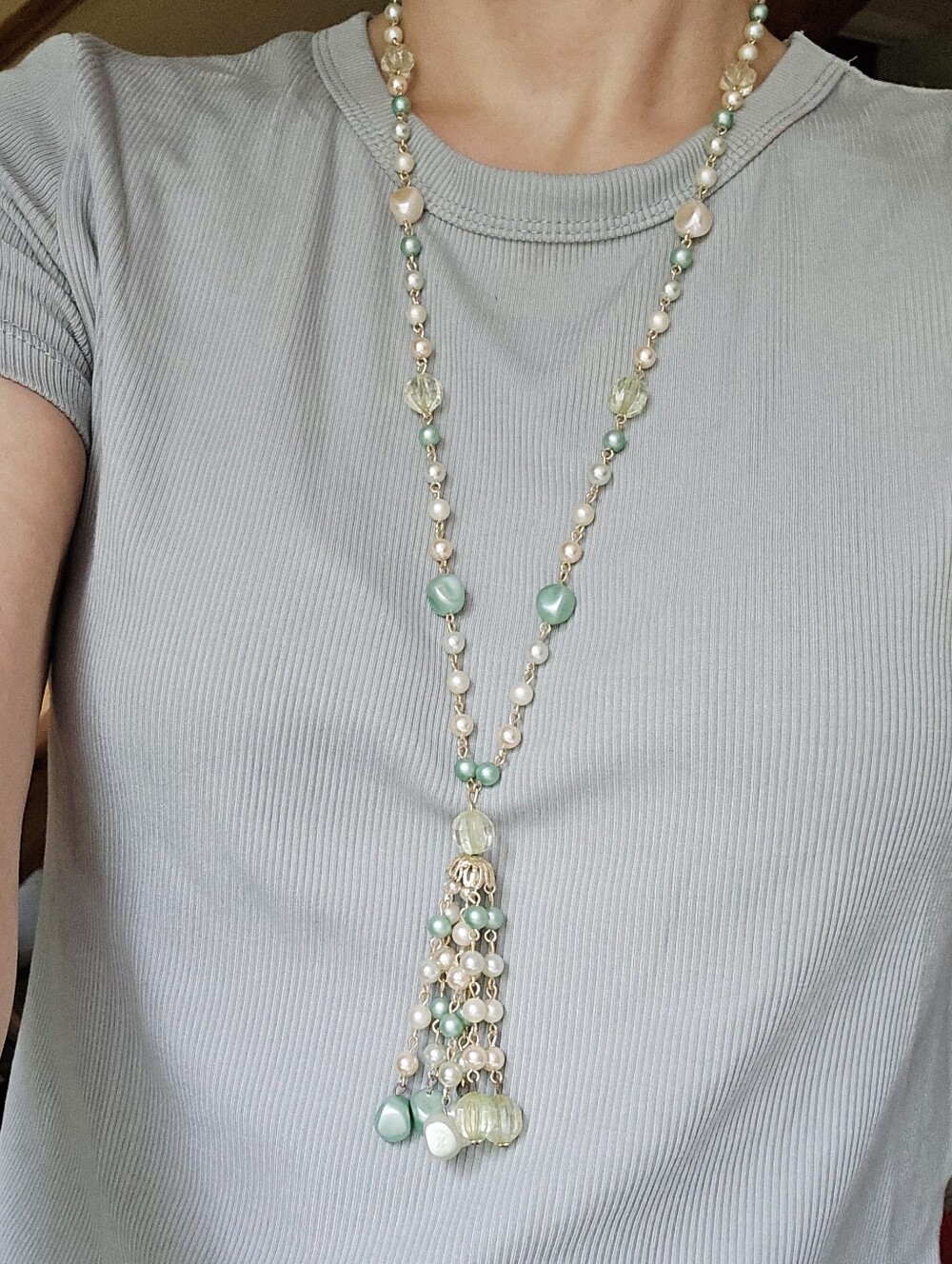 Vintage Mint Green Beaded Tassel Necklace | Long Statement Necklace